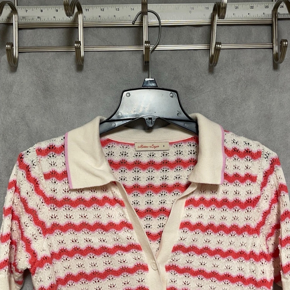 Marine Layer Shirt Women S Red Cream Striped Button Up Crochet Geometric Coastal